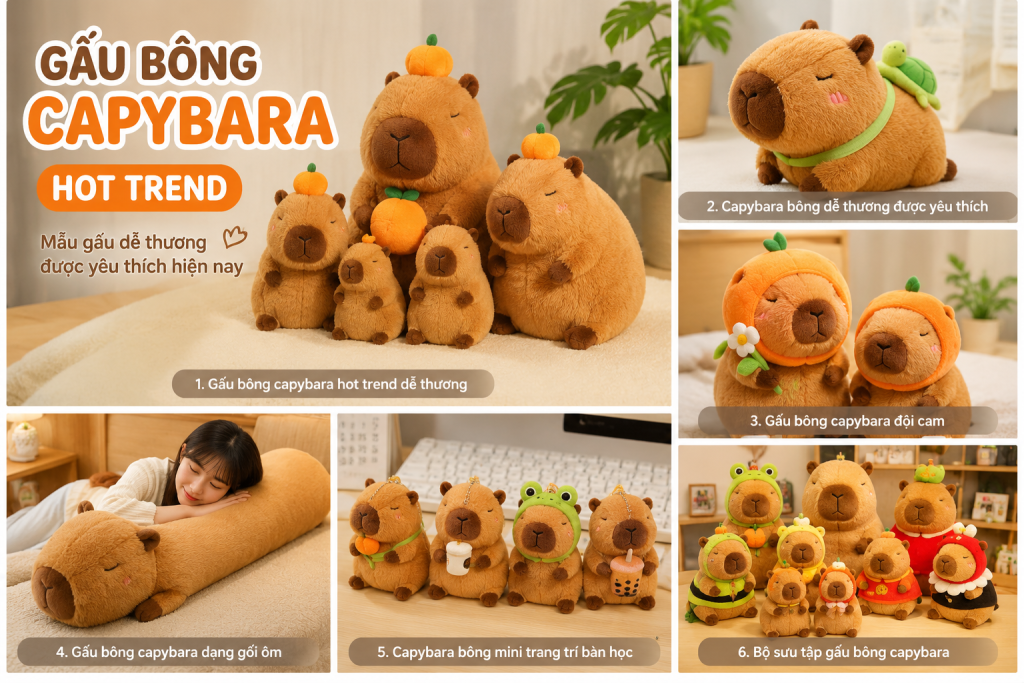 Gấu bông capybara hot trend dễ thương với nhiều kiểu dáng